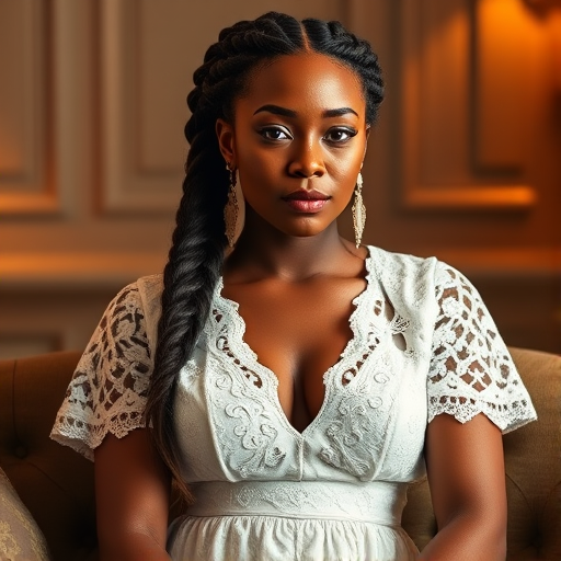 Create a portrait of a refined and elegant Torres Strait Islander woman seated in a sophisticated setting. She has long, wavy hair styled in two thick braids that are pulled over her shoulders. She wears a white, lace gown with intricate patterns, featuring a deep V-neckline and short sleeves. The dress exudes a vintage charm with its delicate lacework. She is adorned with ornate, dangling earrings that add a touch of glamour to her appearance. The background is softly lit, with warm, ambient lighting that creates a cozy and inviting atmosphere. Her expression is poised and serene, capturing a sense of grace and elegance.