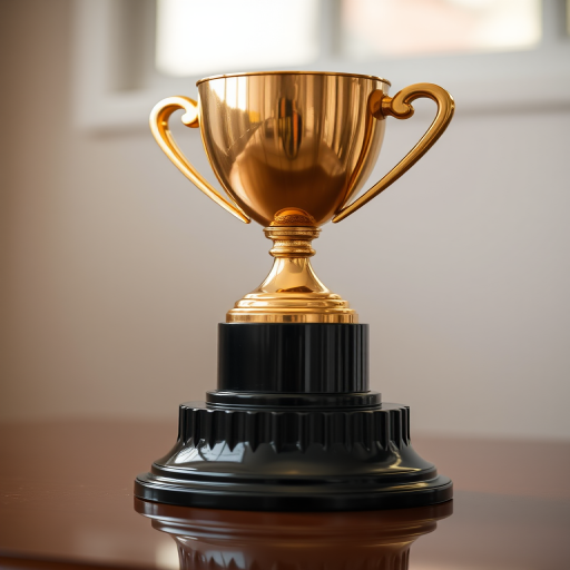 Create a high-resolution image of a gold trophy on a glossy black base, using a DSLR camera with a 50mm lens, aperture set to f/1.8 for a shallow depth of field, at a 45-degree angle, soft natural lighting for enhanced reflections, and 4K resolution for clarity.