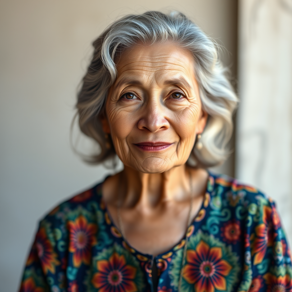 Generate a hyper-realistic portrait of an older woman with gray hair wearing a colorful dress, with soft natural lighting, shallow depth of field, 85mm lens, f/1.8 aperture, ISO 100, high-resolution image capturing fine details.