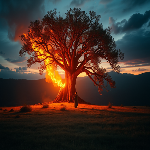 Create a vivid landscape scene depicting a majestic burning tree with an ethereal light emanating from it, featuring a figure in robes standing in awe, captured with a Canon EOS R5, 24mm lens, f/1.8 aperture, ISO 100, at sunset, with high dynamic range and soft light to enhance details and colors.