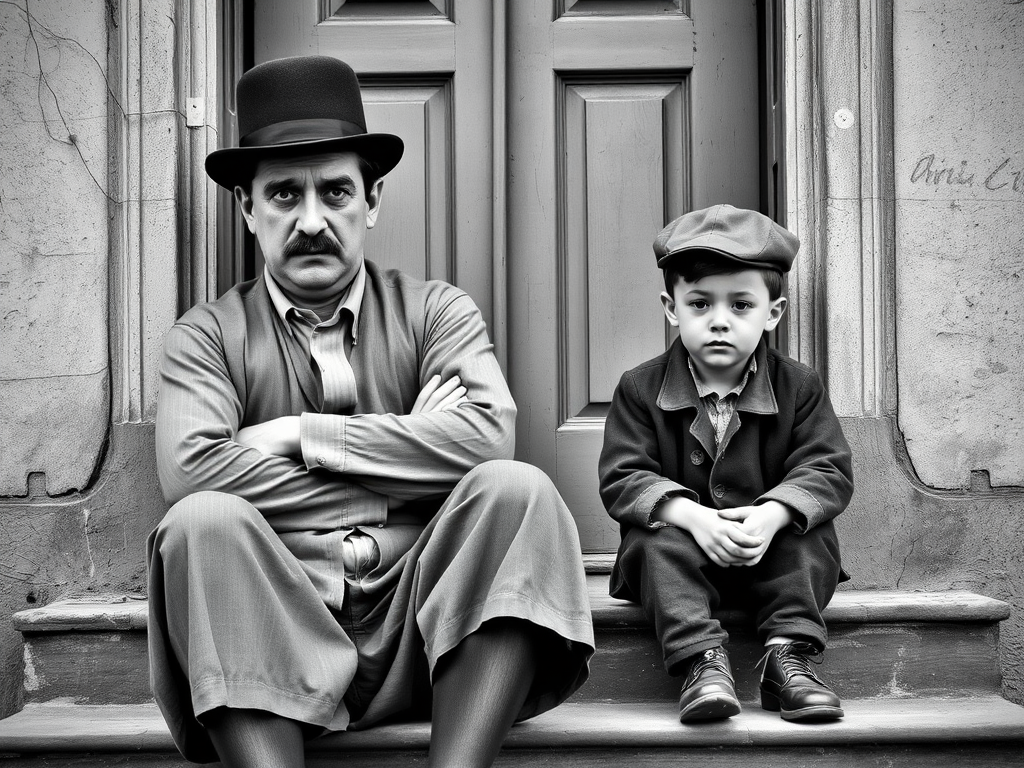 A black-and-white photograph of a man and a child sitting on steps in front of a doorway. The man is dressed as a tramp with a bowler hat, mustache, and ragged clothes, reminiscent of Charlie Chaplin's iconic look. He is sitting with his arms crossed and an expression of slight sadness or frustration. Next to him is a young boy, also in worn clothes and a cap, sitting with his hands clasped, looking thoughtful. The background is an old, textured wall and a partially open door, creating a vintage, early 20th-century atmosphere.