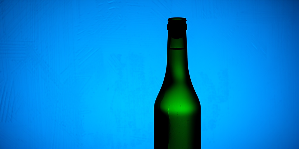 Create an artistic representation of a silhouette profile against a textured blue background, featuring two green glass bottles in a dynamic composition; use a Canon EOS R5, 50mm f/1.2 lens, aperture f/2.8, shutter speed 1/125, ISO 100, with soft diffused lighting for depth and vibrancy.