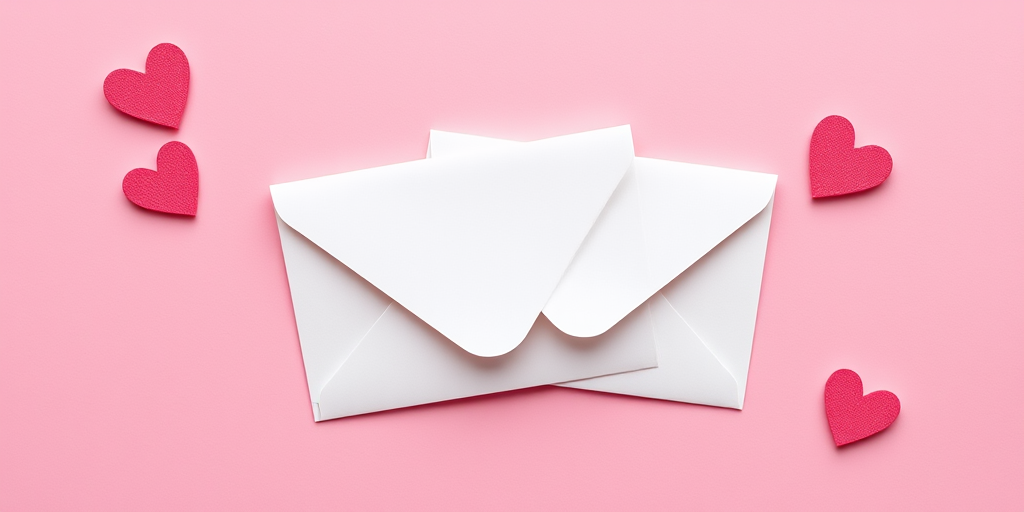 Create an image of two overlapping envelopes on a pink background with decorative hearts in each corner, using a Canon EOS R5 camera at f/4, ISO 100, 50mm lens, top-down view, and vibrant color style to enhance image quality.