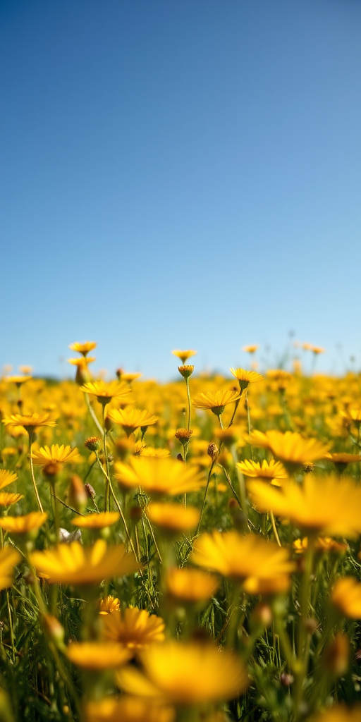photograph of a vibrant field of yellow wildflowers under a clear blue sky, taken with a Nikon D750 camera at f/5.6, ISO 200, shutter speed 1/250 sec, with a close-up view and soft focus background for enhanced depth of field