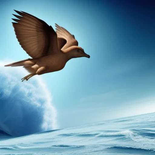 A Bird Soars Gracefully Above a Majestic Ocean Wave Under Bright Skies.