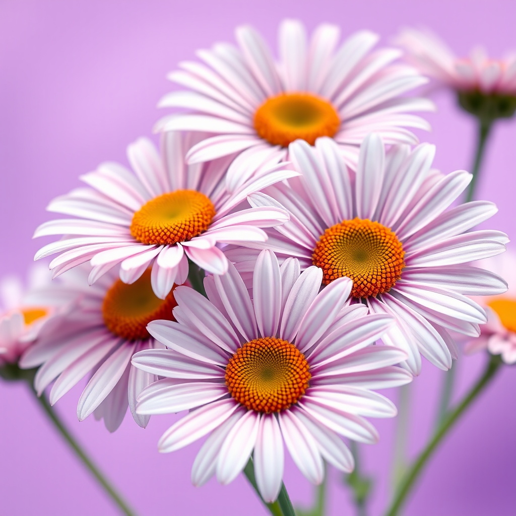 Create a vibrant illustration of daisies with a soft purple background, using a DSLR camera with a 50mm lens, aperture set to f/2.8, ISO 100, in macro view with vibrant color settings.