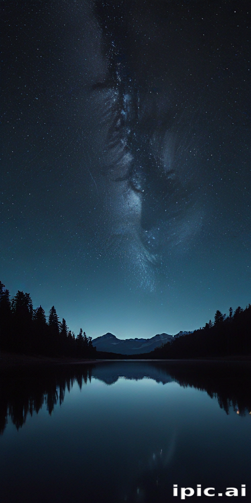 Starry Night Sky Reflected on Serene Lake Surrounded by Majestic Mountains