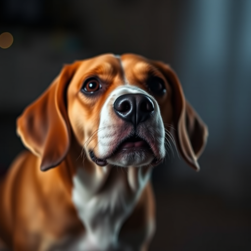 Capture a portrait of a beagle in low light with a shallow depth of field using a full-frame DSLR camera, 85mm lens, f/1.8 aperture, ISO 200, and 1/100 sec shutter speed, focusing on the dog's expressive face with a blurred background.