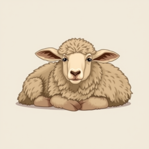 Generate an image of a relaxed sheep with a thick, fluffy brown coat, lying down against a neutral background. The sheep should have a calm expression, with its ears perked up slightly, capturing a peaceful and cozy atmosphere.