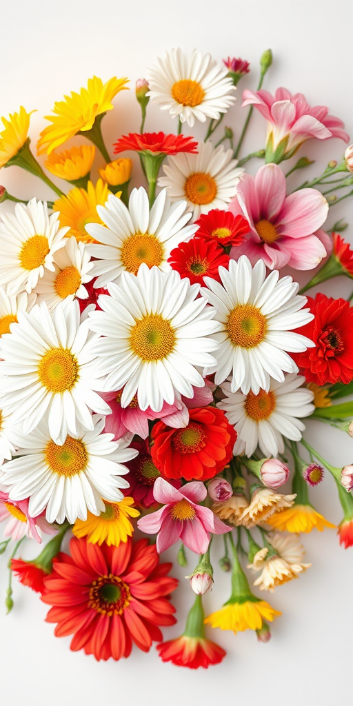 Create a vibrant floral arrangement featuring various flowers including white daisies, yellow blooms, pink blossoms, and red flowers on a plain white background, captured with a Canon EOS R5 camera, 50mm f/1.2 lens, using a soft focus style to enhance colors and details.