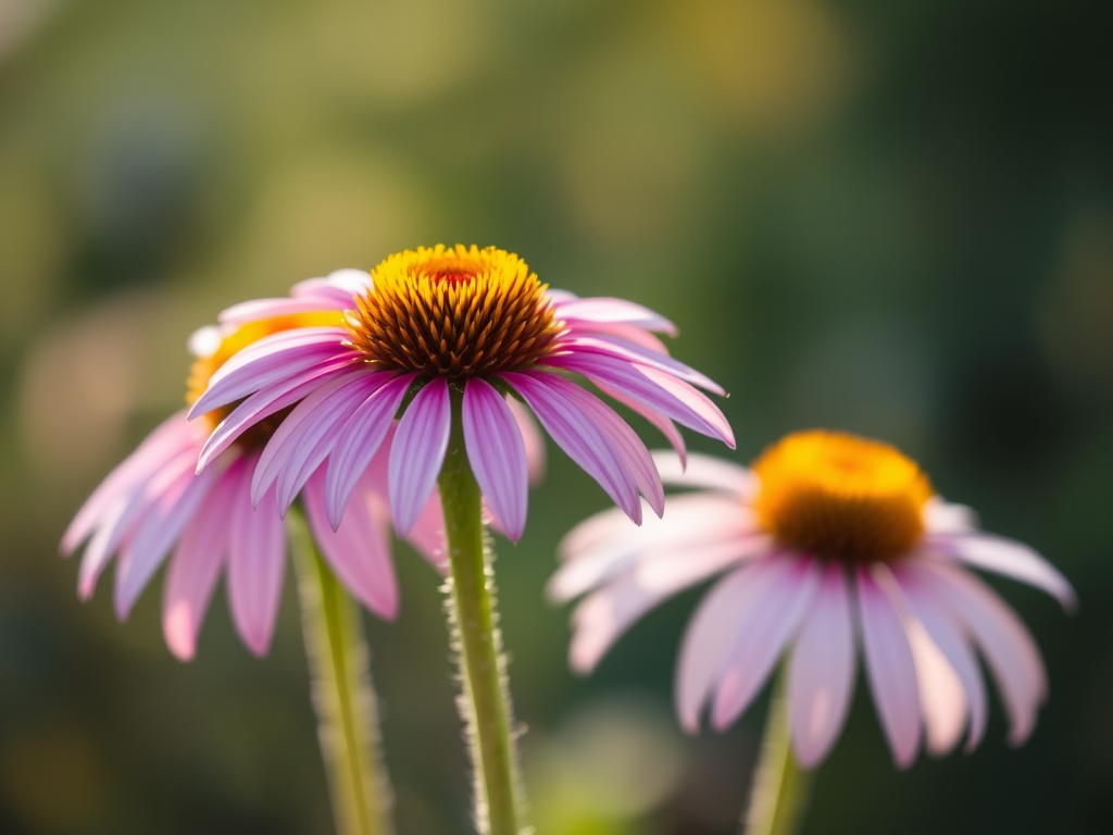 A close-up shot of three echinacea flowers in soft focus, natural morning light, aperture f/2.8, shutter speed 1/200s, ISO 100, DSLR camera, shallow depth of field, macro photography style.