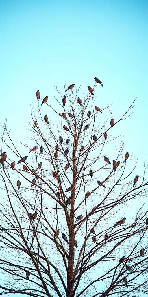 Capture a highly detailed image of a bare tree filled with birds perched on its branches against a clear blue sky, using a DSLR camera with a 85mm lens, aperture set to f/8, ISO 200, and a shutter speed of 1/250 sec, shooting from a low angle to emphasize the tree's height and the number of birds.