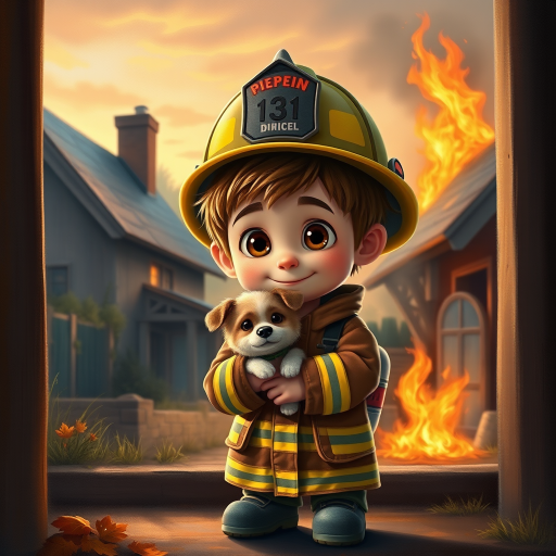 airbrushed oil painting, pixar style, cute little boy in fireman gear, helmet, tousled hair, expressive eyes, standing in the doorstep of a cottage burning behind him, holding a cute little dog in his arm, atumn sky