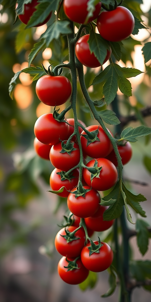 Create an image of a lush vine of ripe red tomatoes with vibrant green leaves, set against a softly illuminated background resembling dusk or dawn, using a DSLR camera with a 50mm lens, f/1.8 aperture, ISO 100, and a soft focus effect to enhance depth of field.
