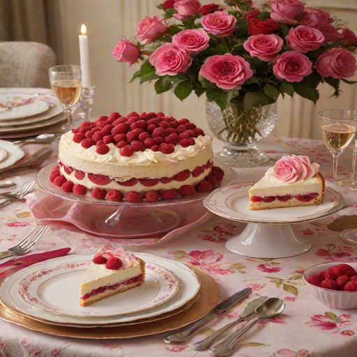 Create an image of a beautifully arranged dessert table featuring slices of raspberry cake topped with fresh raspberries. Include elegant plates and forks, with a soft floral tablecloth in the background to add a touch of charm. Ensure the lighting is warm and inviting, highlighting the texture of the cake and the vibrant color of the raspberries.