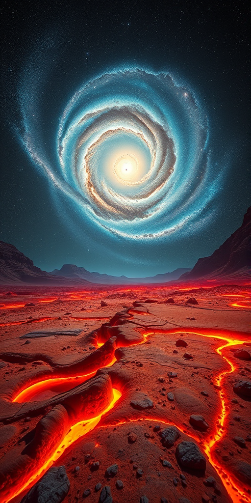 Create a high-resolution image of a fiery alien landscape with a swirling galaxy in the sky above, captured with a Canon EOS R5, 24mm lens, f/8 aperture, 1/125 sec shutter speed, ISO 100, using a wide-angle view to emphasize the dramatic contrast between the hot terrain and the celestial phenomenon.
