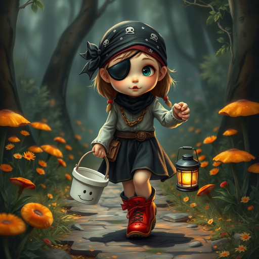 ultra detailed, photo realistic, painterly, of a little girl pirate, patch over one eye, black bandana over hair, walking and carrying an white ghost bucket and a lantern in the other hand, with bright red croc shoes, background path in the enchanted forest, wildflowers, colorful mushrooms misty hues of black and orange with bright gold glitter, ultra detailed