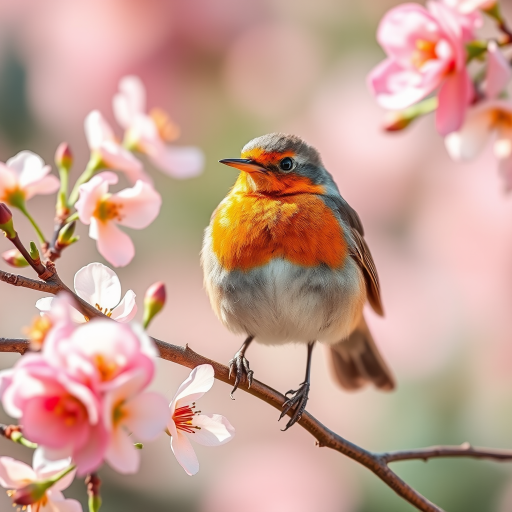 Create a watercolor painting of a robin perched on a branch surrounded by blooming flowers, soft pastel colors, natural light, shallow depth of field, using a DSLR camera, f/4 aperture, 50mm lens, ISO 200, vibrant color palette, emphasis on texture and detail in the feathers and petals.