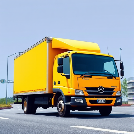 create a high-resolution vector illustration of a yellow delivery truck with a large cargo area, captured from a low-angle view with a slight tilt, using a DSLR camera at f/8 aperture, ISO 100, and a shutter speed of 1/200 sec, focusing on vibrant colors and sharp details