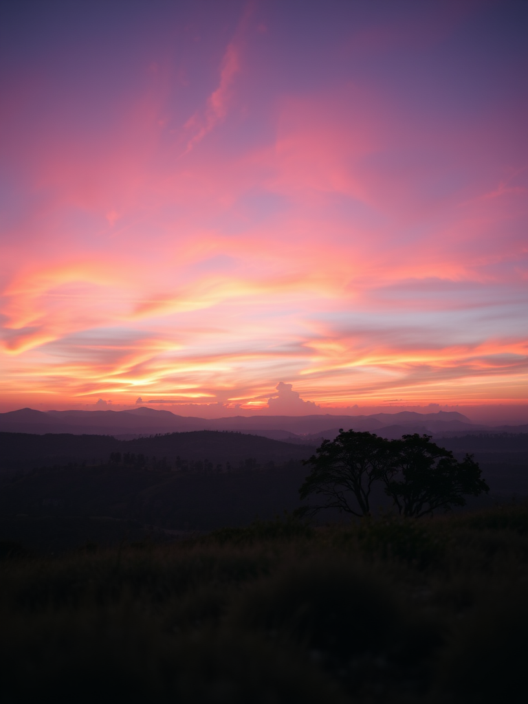 Create a high-resolution image of a serene landscape at sunset with vibrant colors, using a DSLR camera, 50mm lens, f/1.8 aperture, ISO 100, 1/200 sec shutter speed, taken from a low angle view with a wide perspective.