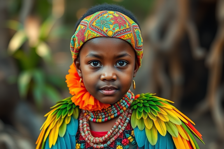 A beautiful Melanesian girl, wearing colorful bird clothing with vibrant colors