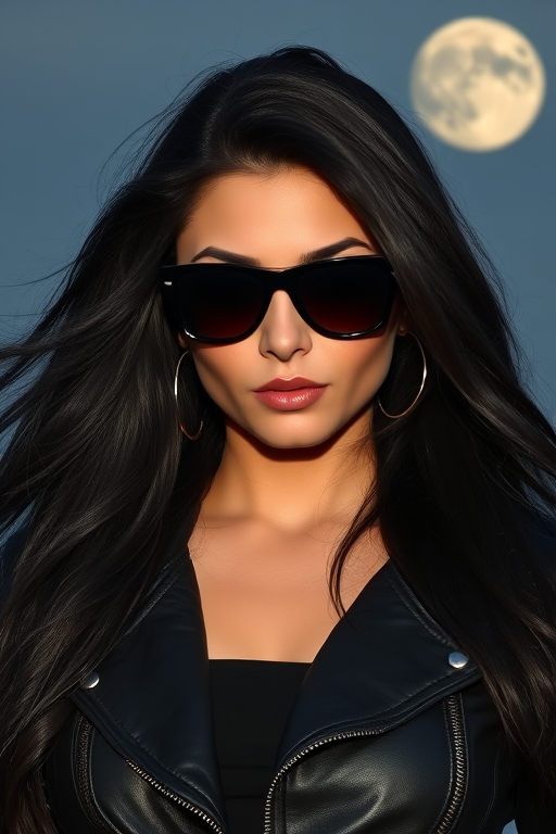 Create a portrait of a strong woman with long, flowing black hair and sunglasses, wearing a leather jacket, against a full moon background, captured with a DSLR camera, 85mm lens, aperture f/1.8, ISO 100, natural light, with a shallow depth of field.