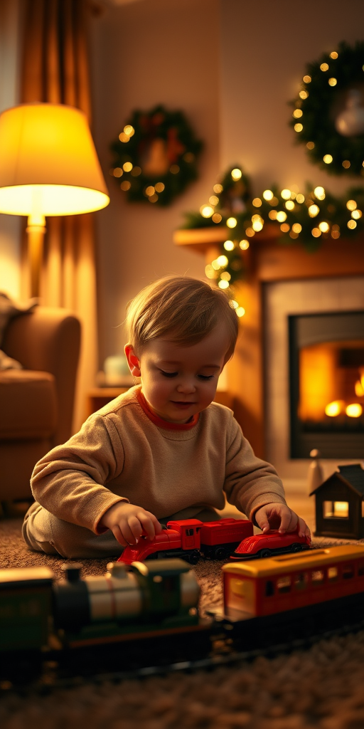 Warmly lit photo of a child playing with a toy train set in a cozy living room, soft golden light from a nearby lamp illuminating their face, with a fireplace and holiday decorations visible in the background.