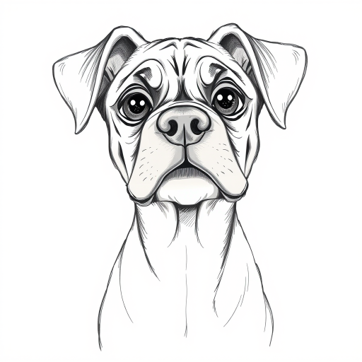 A doodle style pencil sketch illustration of a beautiful young Boxer dog, with large eyes and exaggerated facial features. White background