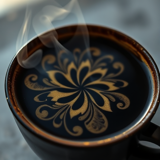 A steaming black cup of tea or coffee with intricate swirling floral patterns and abstract shapes emerging from the surface, soft natural lighting, shallow depth of field f/2.8, 35mm lens, captured with a DSLR camera, high-resolution image.