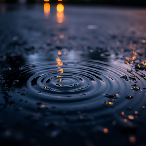 Capture a close-up shot of rain ripples in a dark puddle at twilight, using a DSLR camera with a 50mm lens, aperture f/2.8, shutter speed 1/250 sec, ISO 400, and a shallow depth of field to enhance detail and texture.
