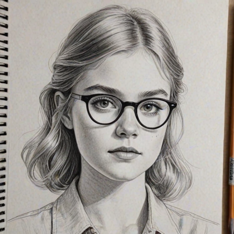 Splendid Elsie Fisher, pencil sketch, portrait of Exquisite woman 1980s in glasses, hair style beatnik, outline, clear lines, fine lines, 8k
