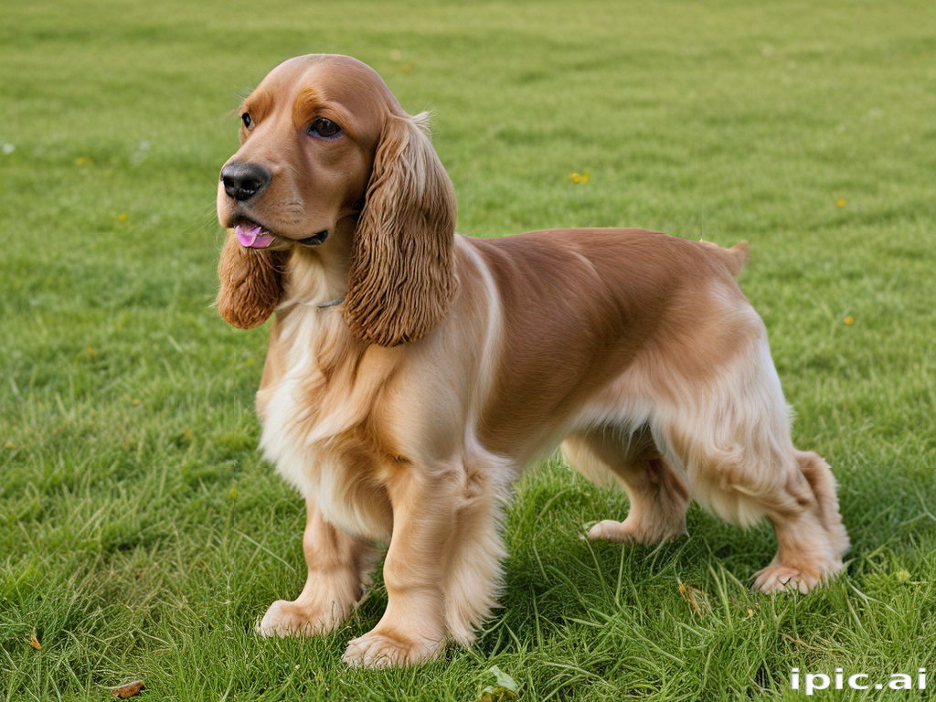 A Playful Cocker Spaniel Standing Proudly on a Green Grass Field