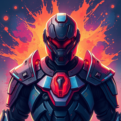 Regenerate a high-resolution illustration of a futuristic armored warrior, vibrant colors with a cosmic splash background, captured with a Canon EOS R5, 50mm lens, f/1.8 aperture, ISO 100, using a portrait style to enhance the subject's details.