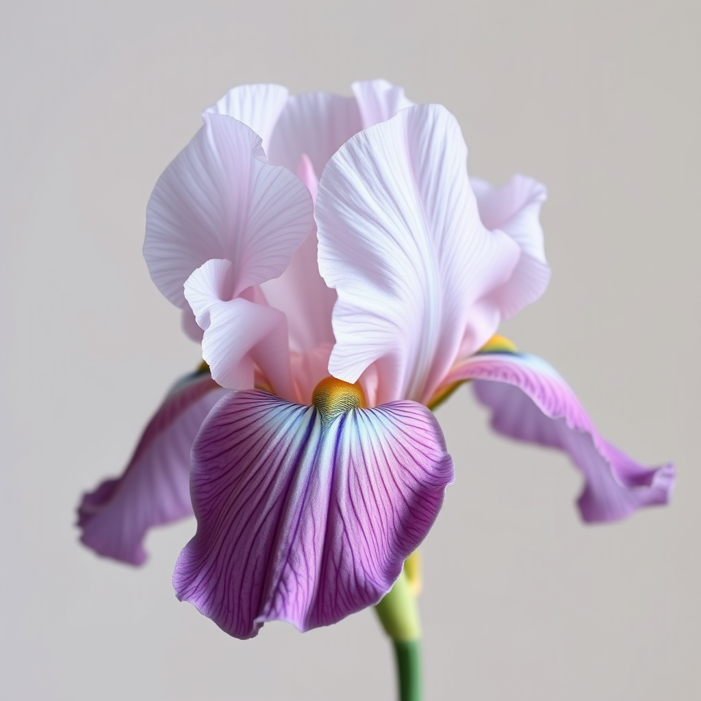 Create a highly detailed, hyper-realistic image of a blooming iris flower with intricate petal textures and soft pastel colors, shot with a Canon EOS R5 at f/2.8, ISO 100, 50mm lens, in natural soft light with a shallow depth of field and a neutral background to enhance the flower's features.