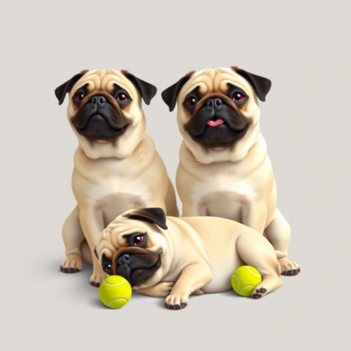 Create a digital illustration of two playful pugs sitting on a neutral gray background, one sitting upright while the other is lying down, with two tennis balls nearby; use a Canon EOS R5 camera with a 50mm lens, aperture set to f/2.8 for a soft background blur, and a high dynamic range to enhance colors and details.
