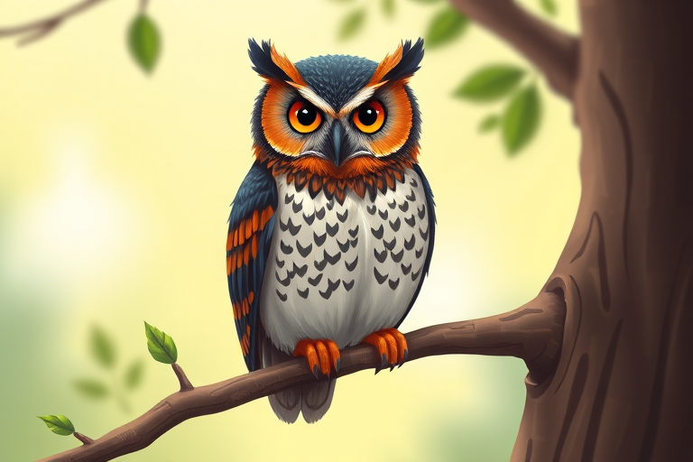 Create a detailed digital illustration of a stylized owl perched on a branch, with vibrant colors and intricate patterns in its feathers, using a high-resolution camera at f/8 aperture, ISO 200, and a 50mm lens for sharp focus and rich detail, in a smooth matte finish.