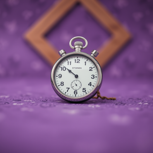 Create an abstract image featuring a vintage stopwatch on a textured purple background with blurred geometric shapes, shot with a DSLR camera at f/2.8, ISO 100, 24mm lens, using soft focus to enhance depth and detail.