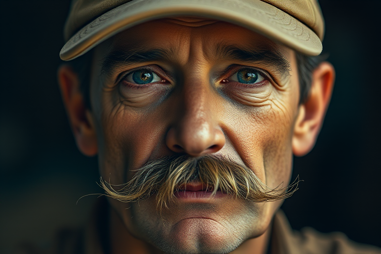 Regenerate a vintage-style portrait of a man with a mustache wearing a cap, medium close-up shot, soft lighting, DSLR camera, f/4.0 aperture, ISO 100, 50mm lens.