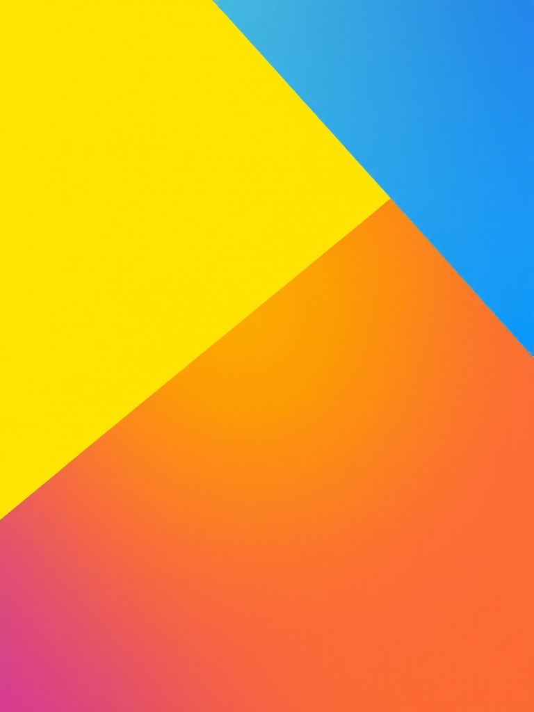Create a vibrant geometric background with a gradient of yellow, orange, and blue colors, emphasizing a three-dimensional effect using a DSLR camera with a 50mm lens, aperture f/2.8, ISO 100, and soft focus, captured from a slightly elevated angle to enhance depth and texture.