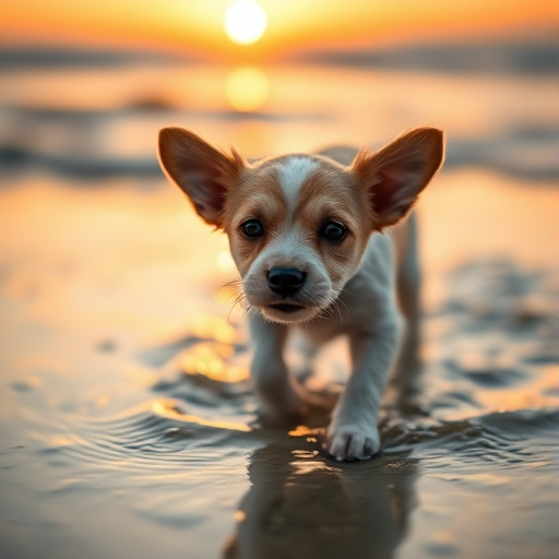 Capture a close-up shot of a small dog wading in shallow water at the beach during golden hour using a DSLR camera with a 50mm lens, aperture set to f/2.8, ISO 200, shutter speed 1/250s, focus on the dog's face, and slightly blurred background for depth.