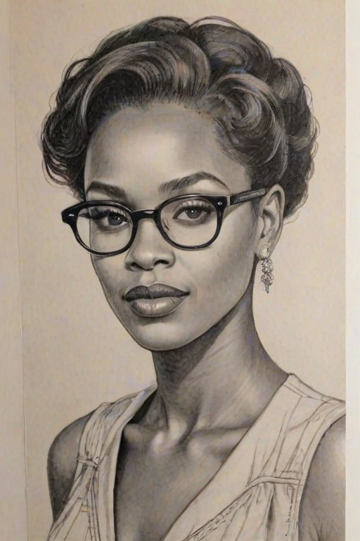 Beauteous Zoe Mthiyane, pencil sketch, portrait of Gorgeous woman 1933s in glasses, hair style beatnik, outline, clear lines, fine lines, 8k