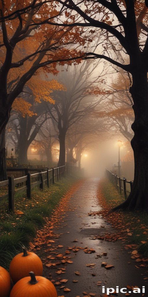 Enchanting Autumn Pathway Adorned with Pumpkins and Misty Trees