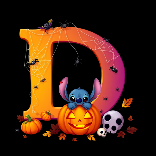 A whimsical and vibrant Halloween-themed digital illustration featuring the letter "D" adorned with spider webs, small bats, and cute spiders. At the base of the letter, a playful alien character similar to Stitch is peeking out from inside a carved pumpkin with glowing eyes, surrounded by additional pumpkins, a small skull, and autumn leaves. The letter is gradient-colored from orange to purple, adding a magical atmosphere to the scene, black background