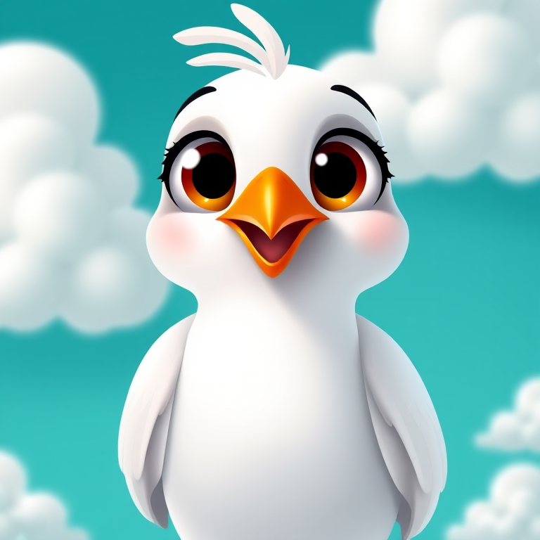 Create a vibrant cartoon-style illustration of a cute white bird with large expressive eyes and a bright orange beak, set against a turquoise background with fluffy white clouds, using a DSLR camera with a 50mm lens, aperture set to f/2.8, ISO 100, and shot from a slightly low angle to enhance depth and detail.