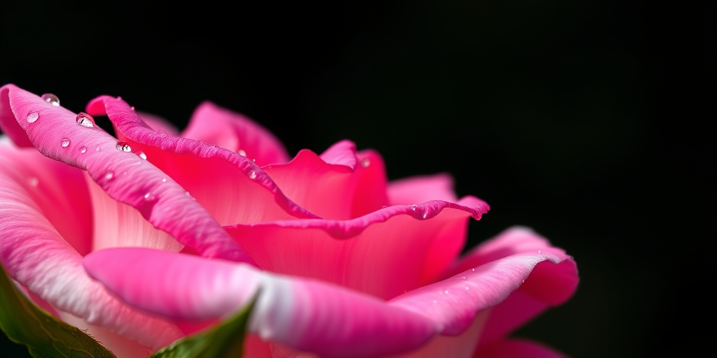 A close-up of a vibrant pink and white rose with dew drops on the petals and leaves, shot with a Nikon D850 at f/2.8, ISO 100, 1/250 sec, macro lens, soft natural lighting, on a blurred black background to enhance foreground focus.