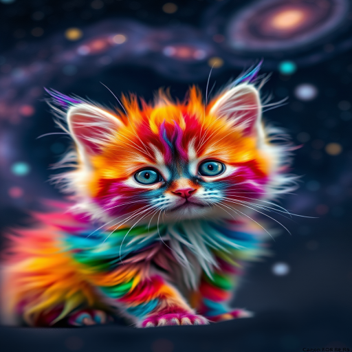 A colorful fluffy kitten with a vibrant rainbow fur pattern and glowing eyes, set against a cosmic background filled with swirling galaxies and stars, captured with a Canon EOS R5, 50mm lens, f/1.8 aperture, ISO 100, low-angle view, soft focus background for depth, high dynamic range for enhanced color saturation.