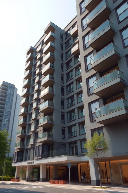 Generate a high-quality 3D rendering of a modern apartment building in an urban setting, using a DSLR camera at f/8 aperture, ISO 100, 24mm lens, shooting from a low angle perspective to emphasize height and detail, with natural lighting for enhanced texture and depth.