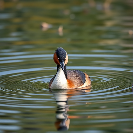 Capture a high-resolution image of a grebe swimming gracefully on calm water with soft ripples reflected around it, using a Canon EOS 5D Mark IV, 85mm lens, aperture set to f/4, shutter speed at 1/500s, ISO 200, natural light, focused on the bird with a blurred background for depth.
