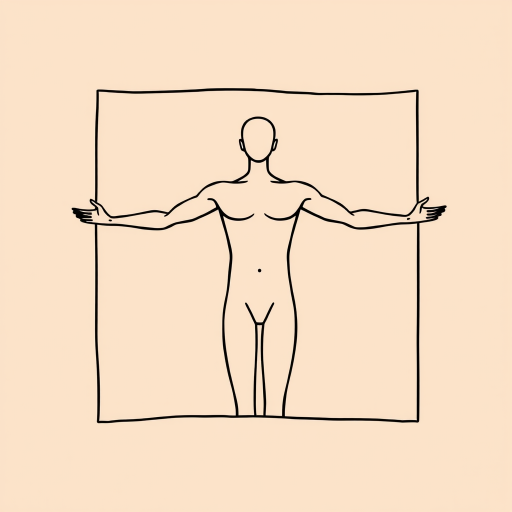 Create a minimalist line art illustration of a human figure with arms outstretched, framed within a square, use a soft peach background, high contrast black lines, shot with a DSLR camera at f/4 aperture, ISO 100, 50mm lens, using natural lighting for enhanced clarity.