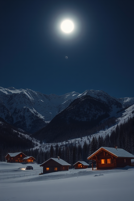 Capture a night scene of snow-covered mountains and cabins under moonlight, using a DSLR camera with a 24mm lens, aperture set to f/2.8, ISO 1600, and exposure time of 1/30 sec, in a long exposure style to enhance the glow of the moon and soft lighting on the snow, with a slight tilt-up view.